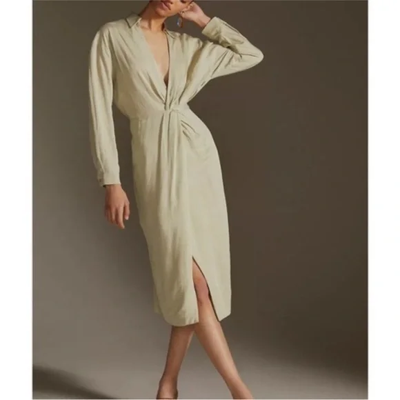 Anthropologie Long Sleeve V-Neck Knot Front Midi Dress - Picture 1 of 15